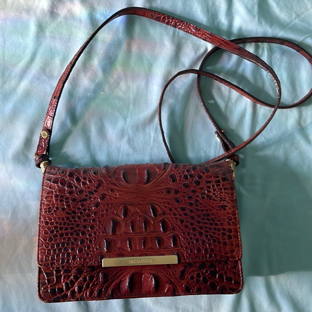 Brahmin Caramel Brown Crocodile Embossed Rectangular Shoulder Purse